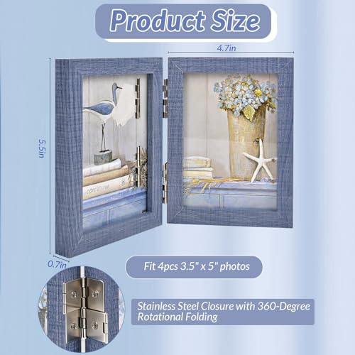 Collage Picture Photo Frames - 3.5x5, Triple Hinged 2 Desk Picture Frame, Wooden Desk Tabletop Family Photo Frame with Glass Opening, Decorative Folding Trifold Picture Frame Stand Vertical, Blue - style: Collage Blue 2-Fold,3×3.5"