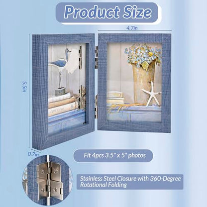 Collage Picture Photo Frames - 3.5x5, Triple Hinged 2 Desk Picture Frame, Wooden Desk Tabletop Family Photo Frame with Glass Opening, Decorative Folding Trifold Picture Frame Stand Vertical, Blue - style: Collage Blue 2-Fold,3×3.5"