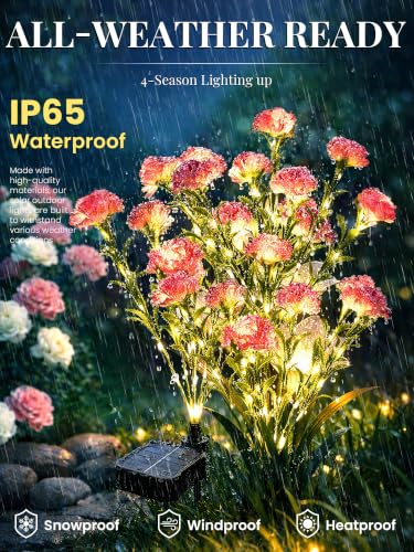 GIGALUMI 4 Pack Solar 28 Carnations Flowers Outdoor, 2 Modes, Pink - color: Pink, size: 4 PACK