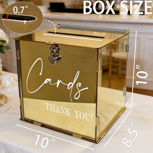 Gold Acrylic Card Box with Lock & Slot, Classy Golden Wedding Card Boxes for Reception, Luxury Monetary Envelope Gift Box for Party Graduation Birthday Anniversary Baby Shower All Occasions - color: Golden