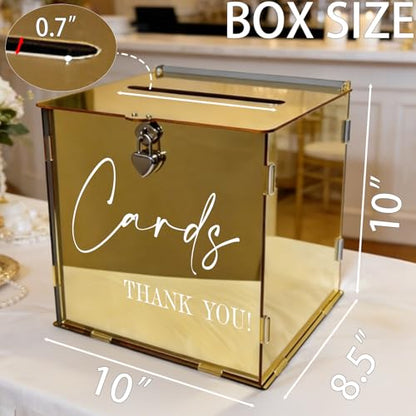 Gold Acrylic Card Box with Lock & Slot, Classy Golden Wedding Card Boxes for Reception, Luxury Monetary Envelope Gift Box for Party Graduation Birthday Anniversary Baby Shower All Occasions - color: Golden