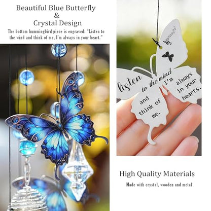 YU FENG Butterfly Memorial Wind Chime, Crystal Suncatcher Outdoor Decor | 27 Inch Metal Hanging Chime, Blue Butterfly Design, Sympathy Remembrance Gift, Garden Yard Patio Decoration - style: Blue Garden – Butterfly – 27 Inch