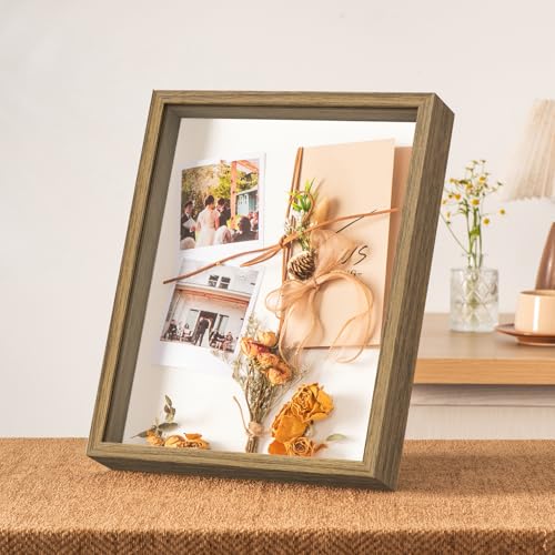 11x14 Shadow Box Frame with Ultra-Clear Glass & Soft Linen Back | With Push Pins and Stand, Deep 1.5" Brown Shadow Box Display Case – Display on Tabletop or Wall for Photo, Wedding, Keepsake - color: Brown+high Definition Panel + Shatter-proof Packaging,