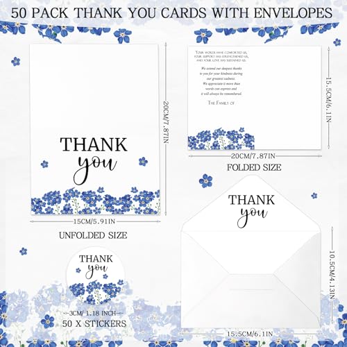 Fumete 50 Set Funeral Thank You Cards, Forget Me Not | with Envelopes and Sticker Thank You Sympathy Card with Message Bereavement for Funeral Family Loved Ones Celebration of Life - style: Forget me not