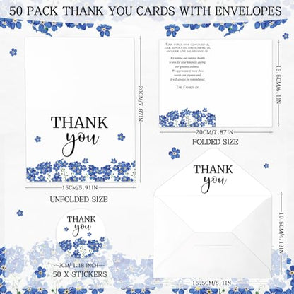 Fumete 50 Set Funeral Thank You Cards, Forget Me Not | with Envelopes and Sticker Thank You Sympathy Card with Message Bereavement for Funeral Family Loved Ones Celebration of Life - style: Forget me not