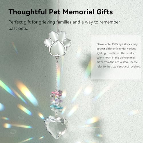 Dog Memorial Gifts, Pet Memorial Suncatcher, Loss of Dog Sympathy Gift | Thoughtful Dogs and Cats Bereavement Remembrance Gifts, Natural Cat's Eye Stone Paw Crystal Suncatcher - color: White Stone