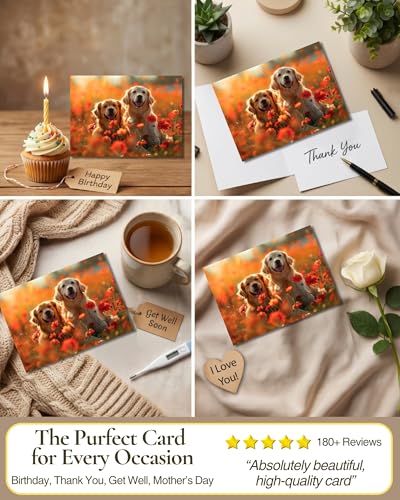 Golden Retrievers in Flower Garden All Occasions Greeting Card from Unique Dogs Party Delights Collection Large 5x7 Inch Blank Inside with Envelope - color: Golden Retrievers in Flower Garden