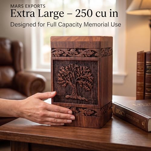 Wooden Cremation Urns Box for Human Ashes, Memorial Keepsake Boxes for Adults, Male/Female,Child, Pets Dog Cat Wood Burial Funeral Container (Tree of Life) Urn, Capacity (X-Large (250 lbs- 113kg)) - size: X-Large