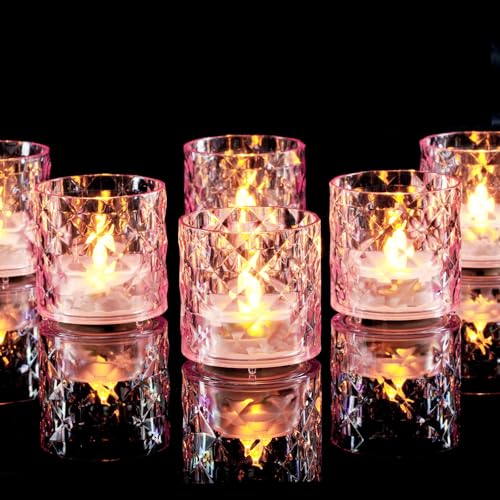 Homemory 2" Pink Acrylic Votive Candle & Holders with Auto Timer, 6 Pack | 6h auto timer, flicker Warm White glow, Pre-installed batteries, shatterproof acrylic, waxless smokeless, holiday party decor - color: Pink, size: 6 Pack