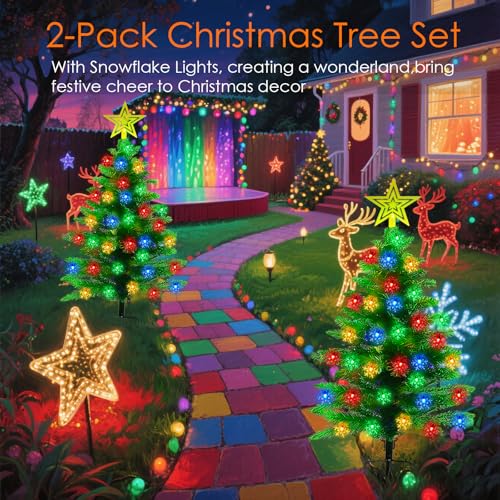 2 Pack 3.6Ft Solar Christmas Tree with 100 Snowflake Lights, Waterproof Christmas Decorations Outdoor, Solar Christmas Lights Outdoor Xmas Tree for Yard, Pathway, Porch, Cemetery, Holiday Decor