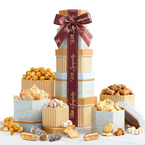 Broadway Basketeers Sympathy Gift Tower, Individually Wrapped Cookies | Condolence and bereavement care package with cookies and savory snacks for funerals, families, and friends. Kosher.