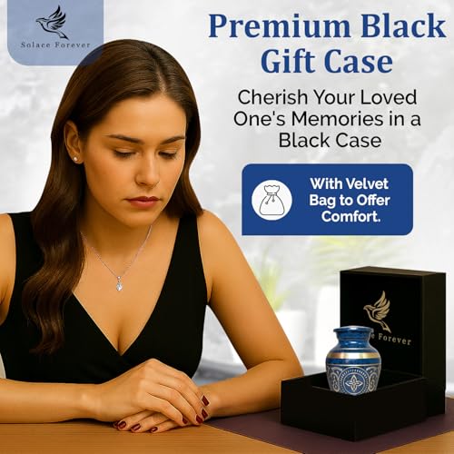 Small Urns for Human Ashes – Brass Hand-Engraved Funeral Keepsake with Elegant Blue Finish – Mini Cremation Memorial for Mom, Dad & Loved Ones - color: Blue