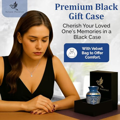 Small Urns for Human Ashes – Brass Hand-Engraved Funeral Keepsake with Elegant Blue Finish – Mini Cremation Memorial for Mom, Dad & Loved Ones - color: Blue