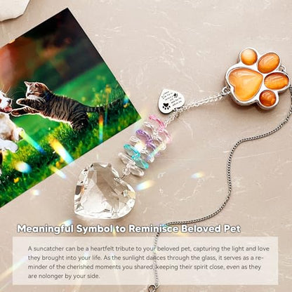 Dog Memorial Gifts, Pet Memorial Suncatcher, Loss of Dog Sympathy Gift | Thoughtful Dogs and Cats Bereavement Remembrance Gifts, Natural Cat's Eye Stone Paw Crystal Suncatcher - color: Orange Red