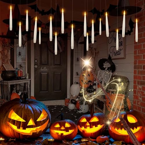 12White Flameless Floating Candles with Wand Remote, Magic Hanging Candles with String, Taper Candle Flickering Flameless Light Halloween Candles for Halloween Christmas Birthday Party Decor. - color: 12White Flameless Floating