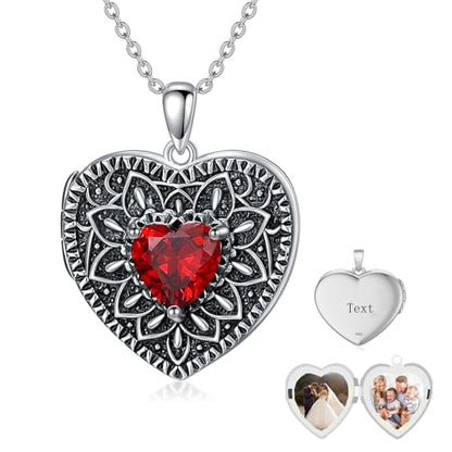 Heart Photo Locket Necklace 925 Sterling Silver Birthstone Gemstone That Holds 2 Pictures Locket Necklace Jewelry Gifts for Mother Women Mom Mother's Day Christmas Birthday - style: 01-Jan-Garnet-Customize