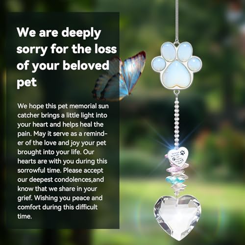 Dog Memorial Gifts, Pet Memorial Suncatcher, Loss of Dog Sympathy Gift | Thoughtful Dogs and Cats Bereavement Remembrance Gifts, Natural Cat's Eye Stone Paw Crystal Suncatcher - color: Moonstone