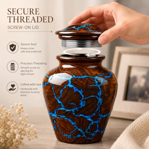 Small Cremation Urn for Human Ashes Adult - Keepsake Memorial & Funeral Urn for Mom, Dad | Premium Mini Rosewood Urn - Blue Resin Inlay | Sharing Urn for Men & Women, Pet Urn for Dog & cat - 20 CU/in - size: SMALL 20 Cu