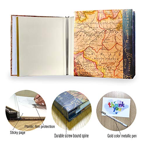 Holoary Self Adhesive Page Photo Album with Metallic Pen Magnetic Self-Stick Scrapbook for 3x5 4x6 5x7 6x8 8x10 Hand Made DIY 40 pages Albums, Printed Kraft Paper Cover Old Map Adventure Memory Book - color: World Map