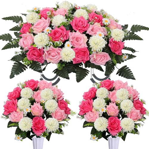 Lodou 3Pack Cemetery Decorations for Grave Large Headstone Flower Saddle Artificial Rose Bouquets with Vases for Outdoor Grave Headstone Decorations(Pink) - color: Pink