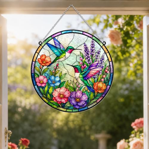 Hummingbirds with Flowers Memorial Suncatcher, 8" Christian Stained Glass Wavy Acrylic, Sympathy Gift for Loss of Loved One, Mom, Dad, Grandma, Family Members, Religious Gifts for Women - color: Hummingbird Round