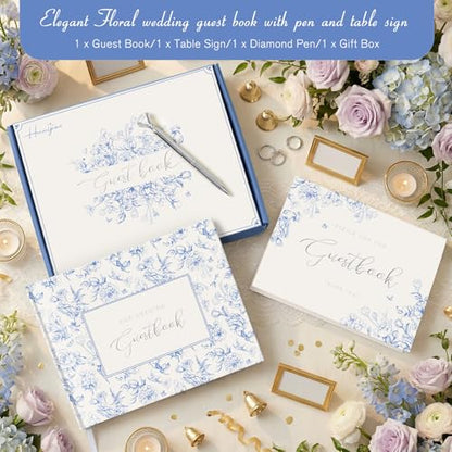 Blue Floral Wedding Guest Book with Pen, Hardcover, 144 Pages, 9x7 inches | Silver Foil Title, Space for Polaroid Photos Messages, Sign In Book for Reception, Bridal Shower Guest Book, Engagement Party - color: Blue