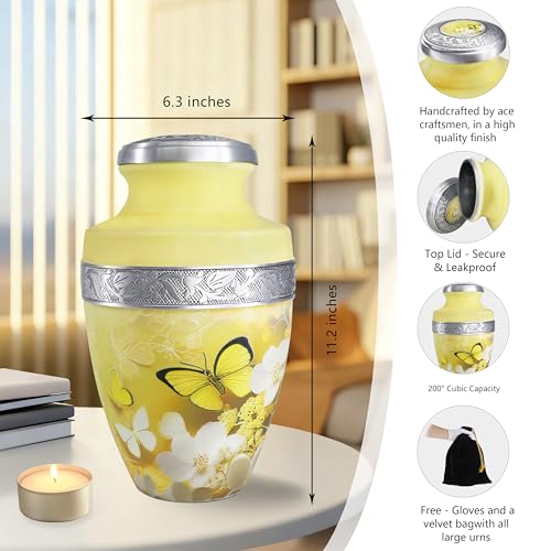M MEILINXU Yellow Butterfly Urn, Cremation Urns for Human Ashes, Large - color: Yellow, size: Large / Adult
