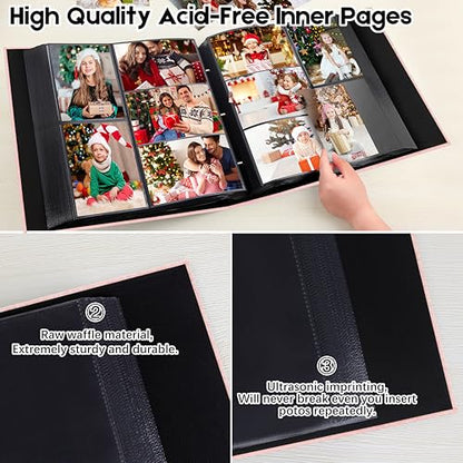 Aevdor Large Capacity 4x6 Photo Album, 1000 Photos, Linen Cover, Pink | Black Inner Pages, 3 Horizontal and 2 Vertical Pockets per Side, Front Photo Window, Family, Wedding & Travel Memories - color: Pink