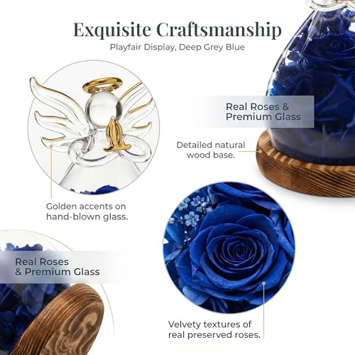 Preserved Rose Eternal Flower in Glass Angel Figurine Real Forever Rose with LED Lights Angel Gifts for Women Birthday Mother's Day Valentine's Glass Dome Blue Sapphire - color: Deep Sapphire Blue