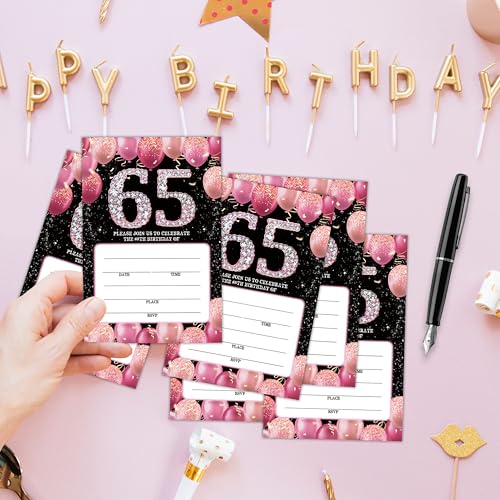 65th Birthday Invitations - Pink Glitter Bday Invites with Envelopes(25-Count) - Balloon Theme Fill-in Invite Cards for Party Supplies Favors Decorations - G05 - style: Pink Balloon 65th