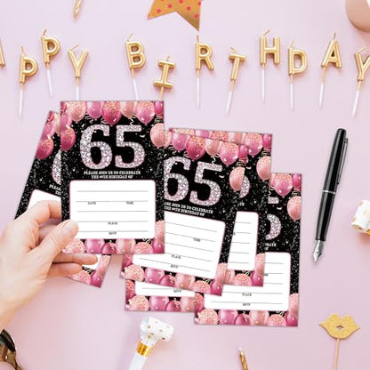 65th Birthday Invitations - Pink Glitter Bday Invites with Envelopes(25-Count) - Balloon Theme Fill-in Invite Cards for Party Supplies Favors Decorations - G05 - style: Pink Balloon 65th