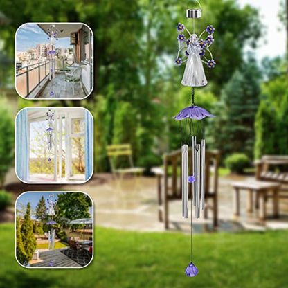 Purple Angel Solar Wind Chimes for Outside, Memorial Garden Decorations - size: Purple
