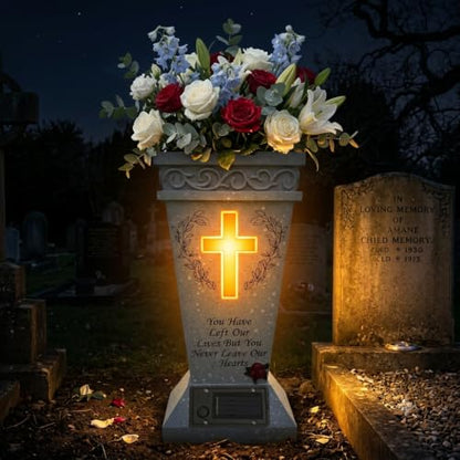 Cemetery Vases for Grave with Solar Light,Cross Flower Holder for Cemetery with Drain Stopper & Ground Spike,Grave Decorations for Cemetery flower holders, Tokens of Sympathy for a Loved One's Passing