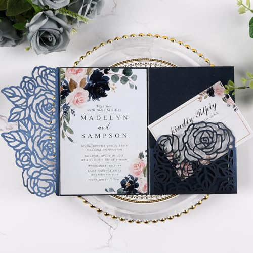 50pcs 250GSM Tri-Fold Wedding Invitations with Envelopes and RSVP Cards | Laser Cut Hollow Rose Wedding Invitation Kit for Engagement Bridal Shower Party Invite 5X7 Inch, Navy Blue - color: Navy Blue