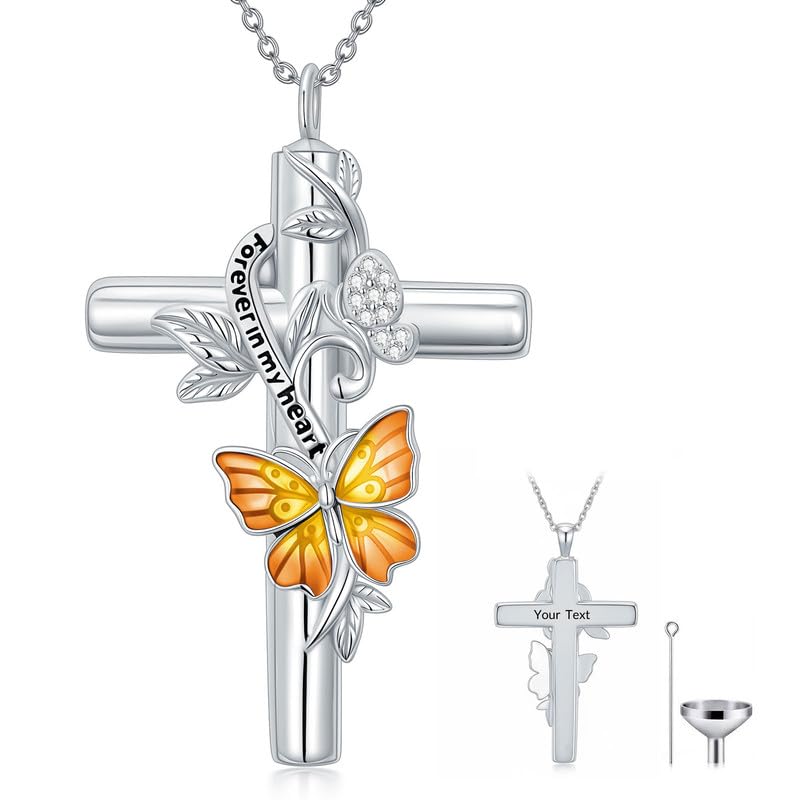 SOULMEET Enamel Butterfly Cross Urn Necklace for Ashes, Cross Moissanite Butterfly Ashes Necklaces with Forever in My Heart Engraved Keepsake Cremation Locket Jewelry for Women Men - color: B-Yellow, style: Custom Engraved
