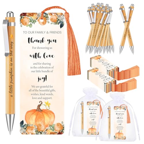 50 Sets Little Pumpkin Baby Shower Favors for Guests, Fall Pumpkin Ballpoint Pens Thank You Bookmarks Organza Bags Autumn Baby Shower Party Favors Gender Reveal Gifts Souvenirs Prizes Return Gifts - color: Fall Pumpkin