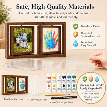 Family Handprint Frame Kit, Dual Rotating Photo & Handprint Display, DIY Keepsake Craft with Wooden Frame, Non-Toxic Paints, Baby Hand & Footprint Kit, Gift for Grandparents & New Parents (Brown) - color: Brown Frame, size: Dual Spin - Handprint & photo