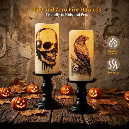 Amagic 3"x6" Halloween Flameless Candles, Waterproof LED Pillar Candles - color: Skeleton + Raven, size: 2 Pack, D3"xH6"