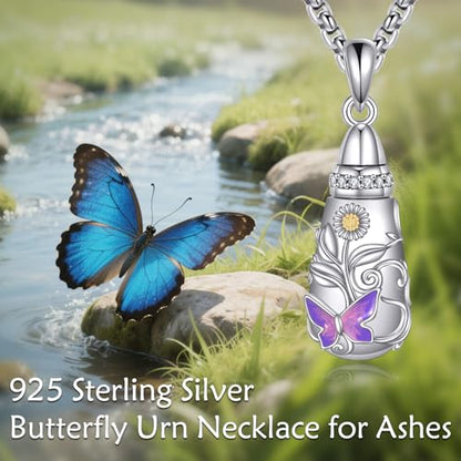 925 Sterling Silver Urn Necklace for Ashes, Teardrop/Tree of Life/Sunflower/Dragonfly/Sea Turtle/Celtic Knot/Elephant/Hummingbird Memorial Cremation Pendant Necklaces for Animal Human Ashes - color: N: Butterfly