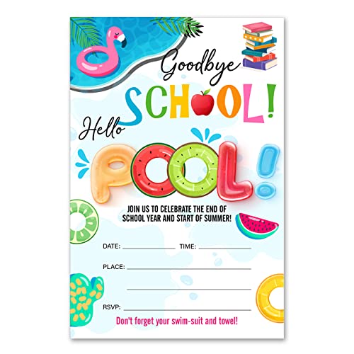 Bifez Goodbye School Hello Pool End of School Party Invitations Summer Kids End of School Invites Fill-in Invitations With Envelopes, Set of 20