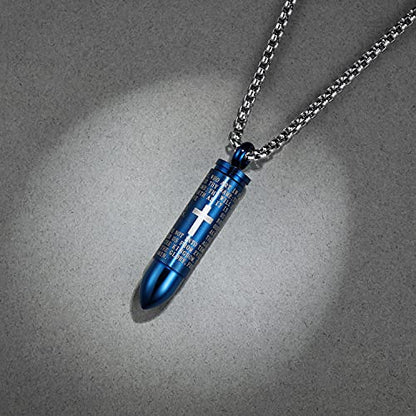 Mens Urn Necklace For Ashes Bullet Shape Cross Cremation Urn Jewelry - color: Blue Tone