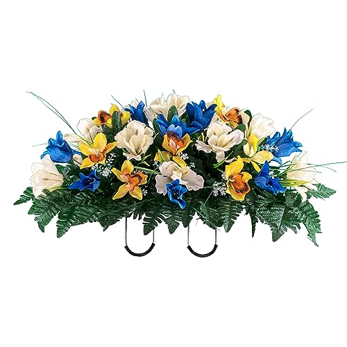 Artificial Cemetery Flowers - Grave Decoration - Blue Tulips and Cream Iris (1) Headstone Saddle - color: Blue/Cream, size: (1) Saddle