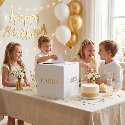 White Wedding Card Boxes for Receptions, Gift Card Box for Graduation Party | Thicker Paperboard Graduation Card Box for Party, Birthday, Retirement, Anniversary, Bridal & Baby Shower, Gold Foil Design - color: White