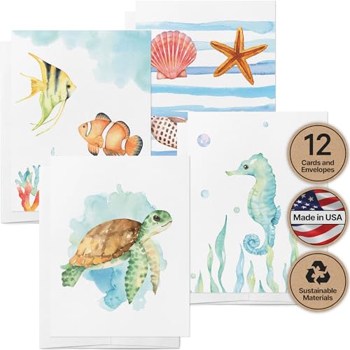 Twigs Paper Marine Thank You Cards, 12 Sea Animal Note Cards with Envelopes | Small size, blank inside, envelopes included, hand-illustrated artwork, thinking of you, bulk value set - color: Sea Animals, size: 12-Count