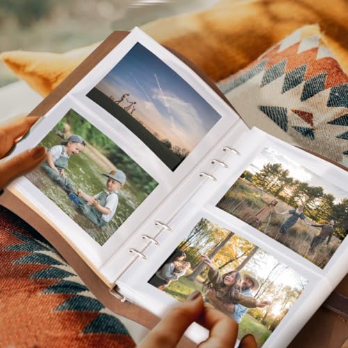 Photo Album 4x6 200 Photos, Genuine Leather Albums Page Refillable with 30 Pieces Writing Paper, Best Gift for Travel Wedding Kids Graduation Baby Picture Album Scrapbook - color: Coffee Love