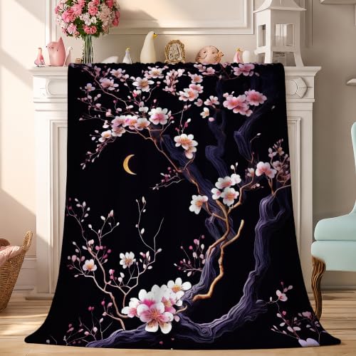 Japanese Cherry Blossoms Fleece Throw Blanket, Blankets for Couch 50"×60" - color: Japanese Cherry Blossoms