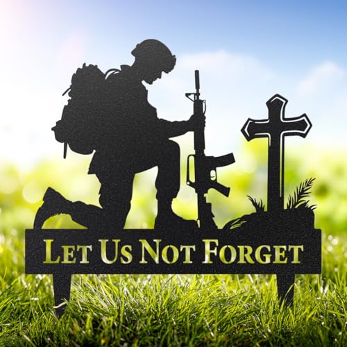 RealSteel Let Us Not Forget Fallen Soldier Kneeling at Cross Metal Garden Stake - Memorial Day Military Yard Sign - Handmade in Texas - American Steel - Powder Coated (RUST-24) - color: Rust