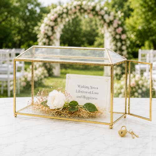 Glass Wedding Card Box with Slot and Lock, Gold Card Box 12.6" | Clear Brass Frame Card Box for Wedding Reception, Decorative Storage Box for Baby Shower, Birthday Party, Bridal Shower - size: 12.6" Gold without Arch