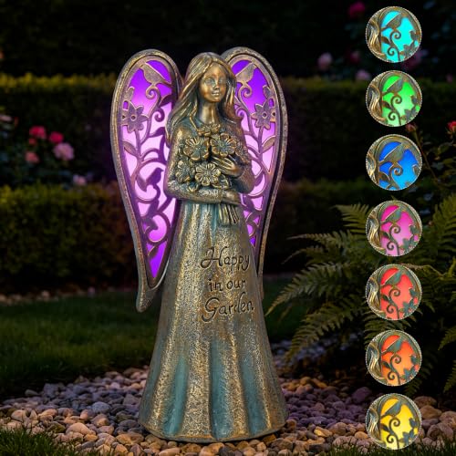 Solar Angel Garden Statue Decor with 8-Color Changing Light | Resin Outdoor Sculpture Decor Glow All-Night for Patio Lawn Yard, Gift for Women, Christmas Birthday Halloween