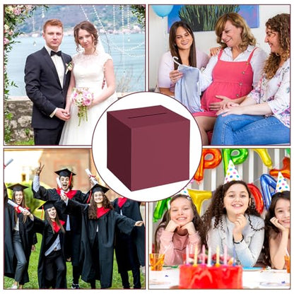 Hooqict Burgundy Card Box with Slot 9.1" Money Gift Card Box for Graduation, Wedding, Reception, Party, Birthday, Retirement, Raffle Box Envelope Ticket Holder - color: Burgundy